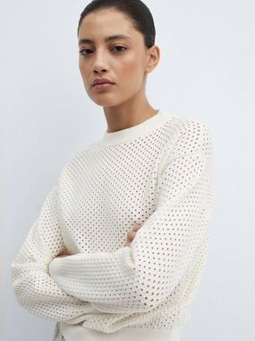 Mango MNG Round-Neck Openwork Sweater off white